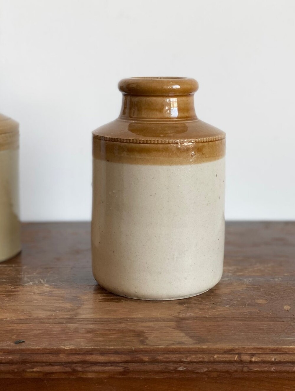 Antique 19thC Stoneware Jar Crock Two Tone Bristol Glaze Vintage Farmhouse Decor